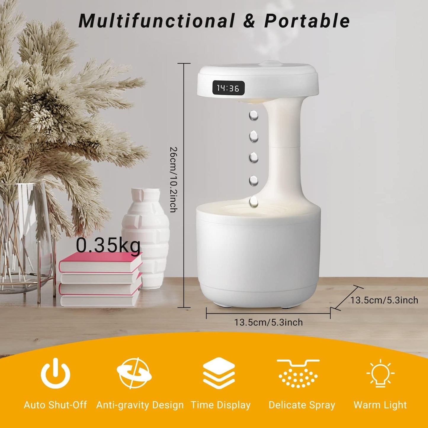EQUINOX 2025 Floating Anti-Gravity Humidifier | Smart Cool-Mist Lamp with LED Clock (800ml)