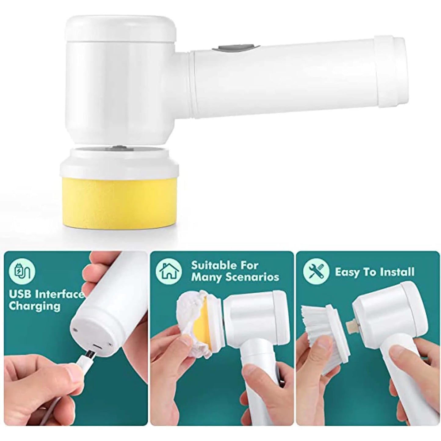 Multi-Functional Electric Cleaning Brush 5 in 1 Magic Power Scrubber with 3 Brush Heads Household Cleaning Tools Cleaner Brush for Kitchen, Bathroom, Shower Tub, Carpet and Sink