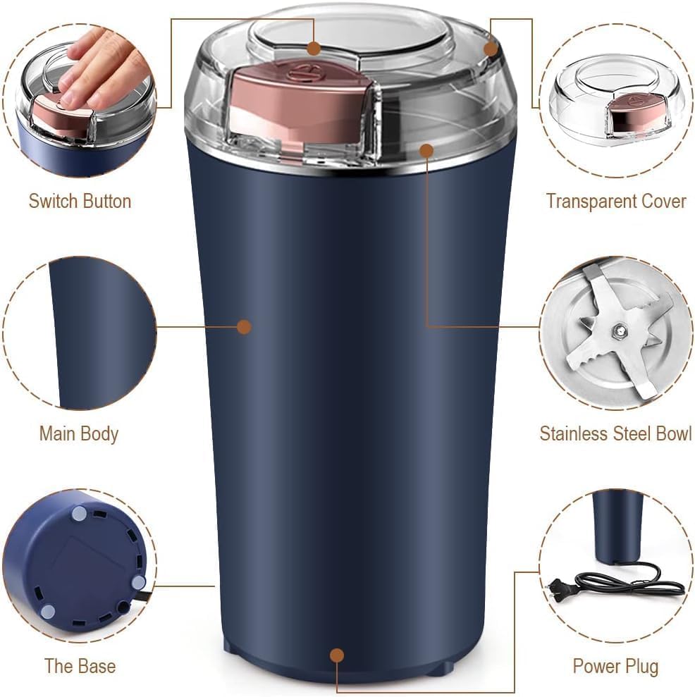Electric Coffee & Spice Grinder – Stainless Steel Portable Mixer for Masala, Herbs, Dry Spices & Nuts – Push Button Control, Compact & Durable for Home Kitchen