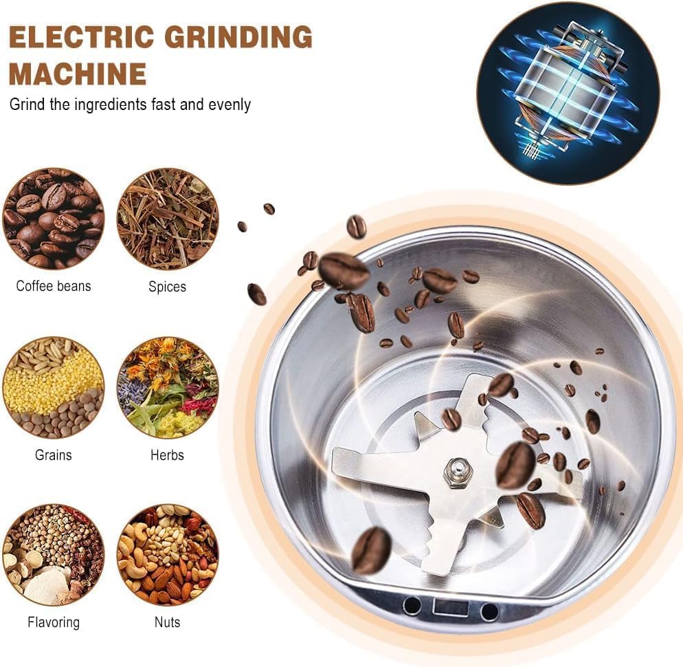 Electric Coffee & Spice Grinder – Stainless Steel Portable Mixer for Masala, Herbs, Dry Spices & Nuts – Push Button Control, Compact & Durable for Home Kitchen