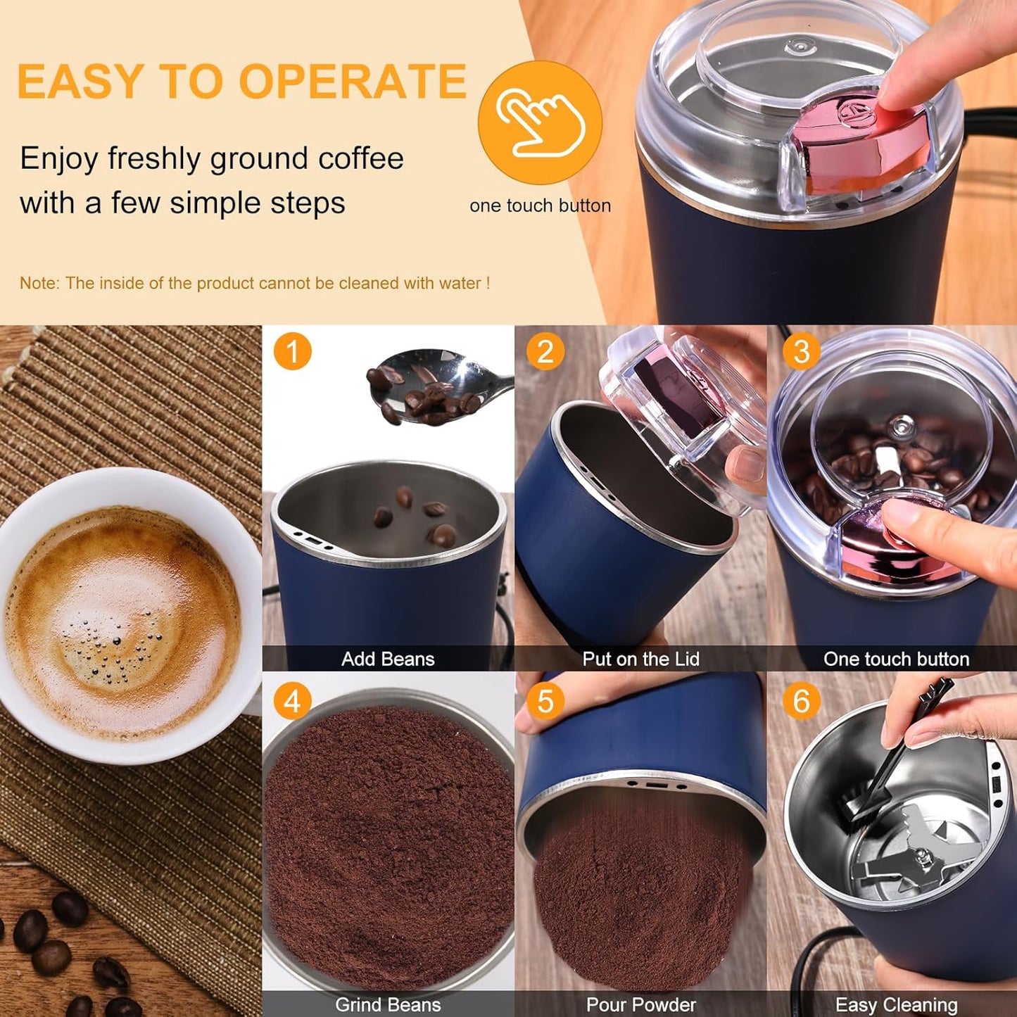 Electric Coffee & Spice Grinder – Stainless Steel Portable Mixer for Masala, Herbs, Dry Spices & Nuts – Push Button Control, Compact & Durable for Home Kitchen