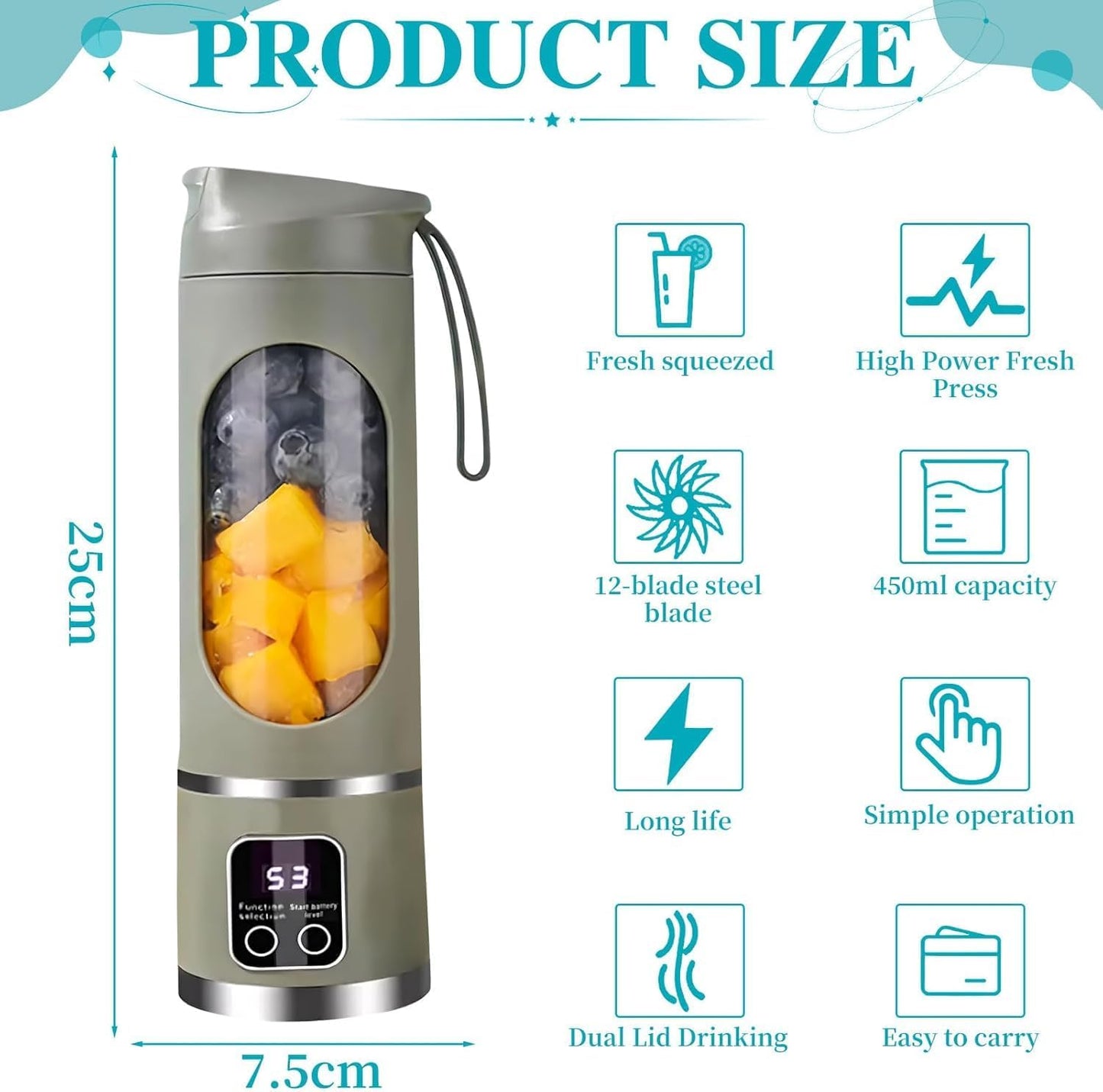 Portable Blender Electric Juicers Fruit Mixers USB juicer Rechargeable Smoothie Mini Blender Personal Juicer 10 Blades 3 Gears With 1300 Mah Rechargeable Battery-Smoothie Fruit Juicer Green