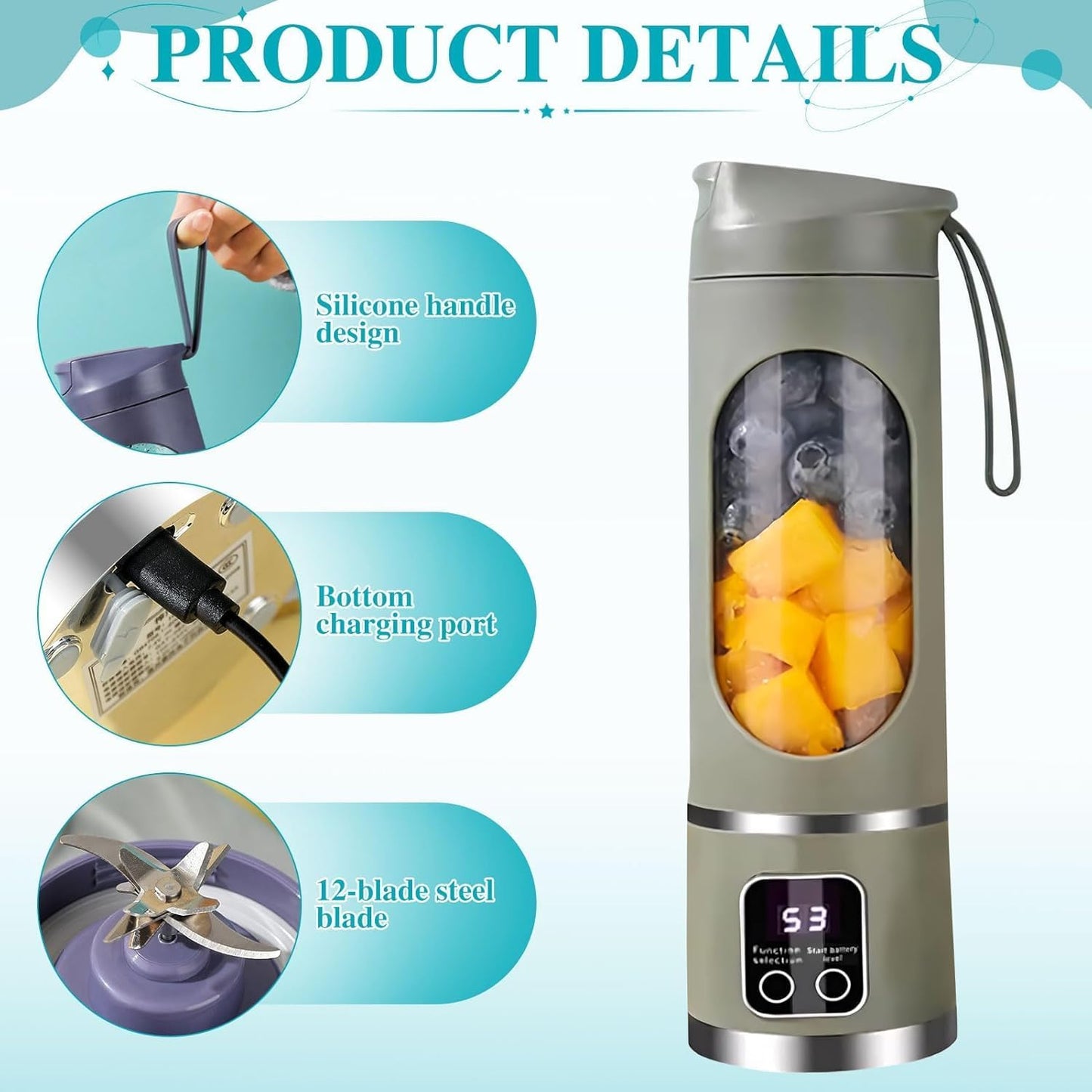 Portable Blender Electric Juicers Fruit Mixers USB juicer Rechargeable Smoothie Mini Blender Personal Juicer 10 Blades 3 Gears With 1300 Mah Rechargeable Battery-Smoothie Fruit Juicer Green
