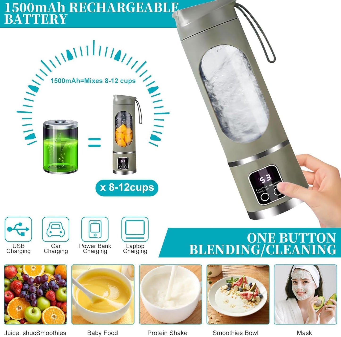 Portable Blender Electric Juicers Fruit Mixers USB juicer Rechargeable Smoothie Mini Blender Personal Juicer 10 Blades 3 Gears With 1300 Mah Rechargeable Battery-Smoothie Fruit Juicer Green