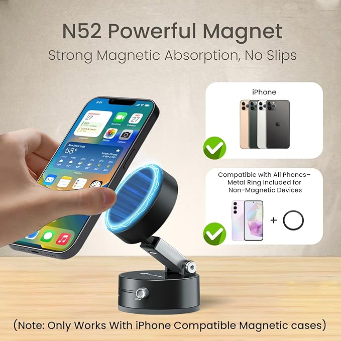 Magnetic Vacuum Suction Mobile Holder, Multiple Angle Adjustment, Retractable, Strong Magnetic Attachment, Compatible with iPhone & Android Phone for Car, Desk, Mirror, Glass(Black)