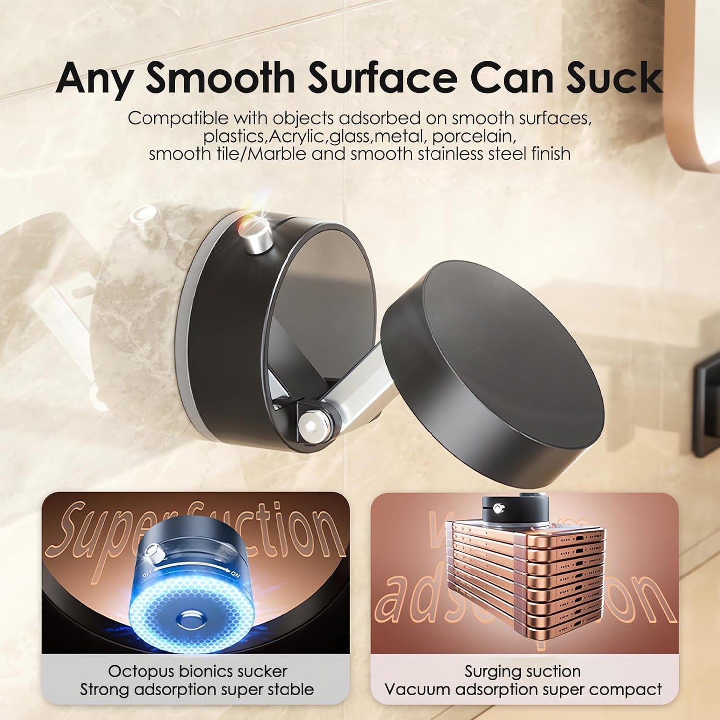 Magnetic Vacuum Suction Mobile Holder, Multiple Angle Adjustment, Retractable, Strong Magnetic Attachment, Compatible with iPhone & Android Phone for Car, Desk, Mirror, Glass(Black)