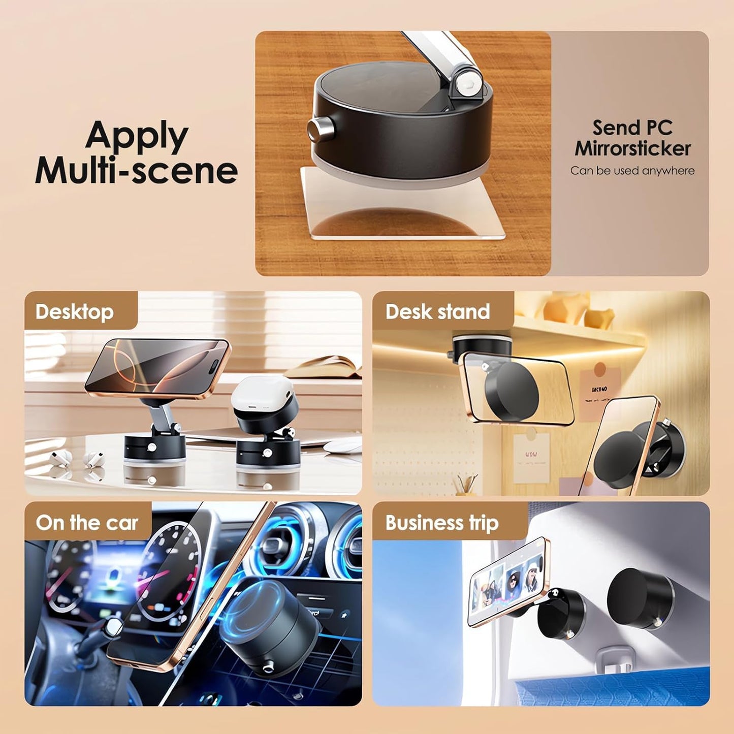 Magnetic Vacuum Suction Mobile Holder, Multiple Angle Adjustment, Retractable, Strong Magnetic Attachment, Compatible with iPhone & Android Phone for Car, Desk, Mirror, Glass(Black)