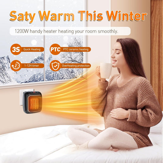 Portable Plug-In Room Heater (PTC Ceramic) — Fast 3-Second Heating, Low Power, Quiet & Safe Wall Outlet Heater for Home & Office