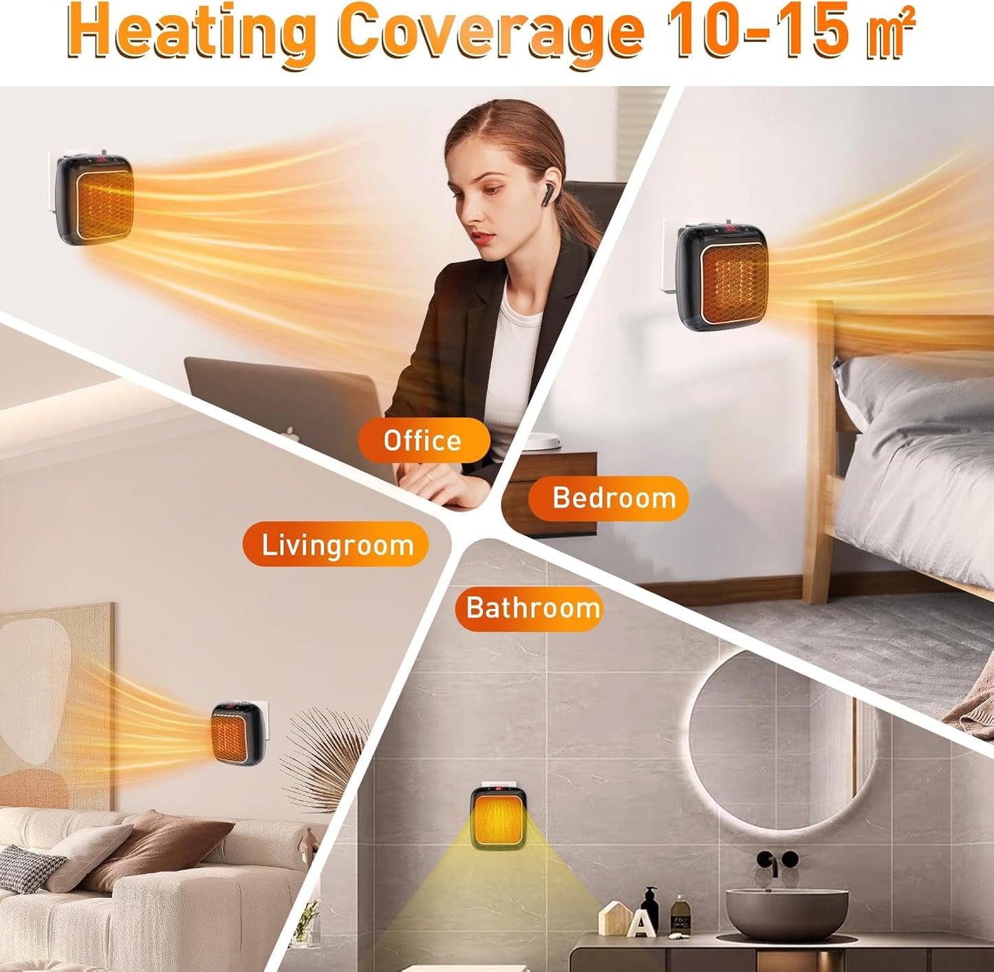 Portable Plug-In Room Heater (PTC Ceramic) — Fast 3-Second Heating, Low Power, Quiet & Safe Wall Outlet Heater for Home & Office