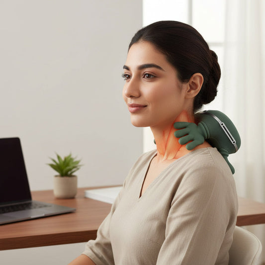 Indian woman using EQUINOX neck pain relief massager at home while relaxing on sofa for cervical pain treatment