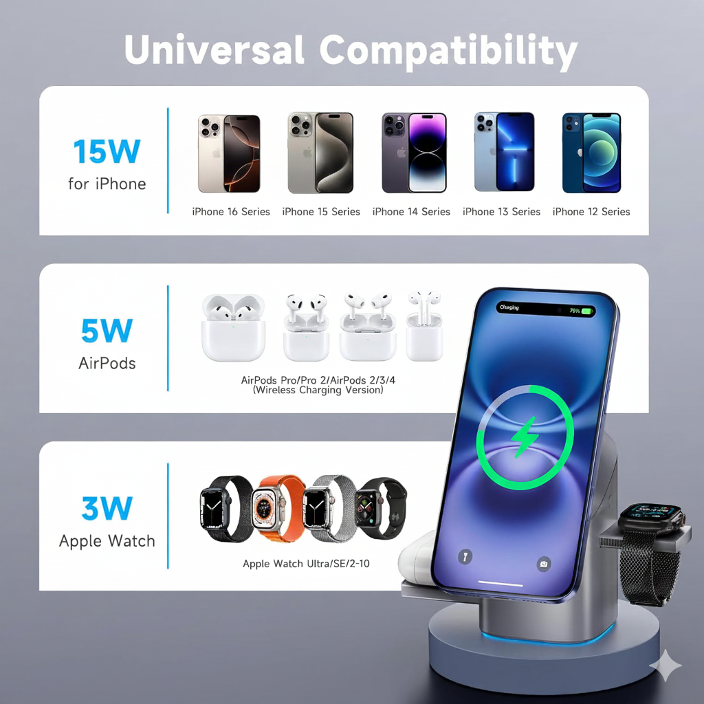 3 in 1 Wireless Charger Stand | Magnetic Fast Charging Station for iPhone, Apple Watch & AirPods | Qi2 15W MagSafe Charger – EQUINOX INDIA