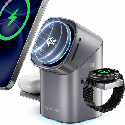 3 in 1 Wireless Charger Stand | Magnetic Fast Charging Station for iPhone, Apple Watch & AirPods | Qi2 15W MagSafe Charger – EQUINOX INDIA