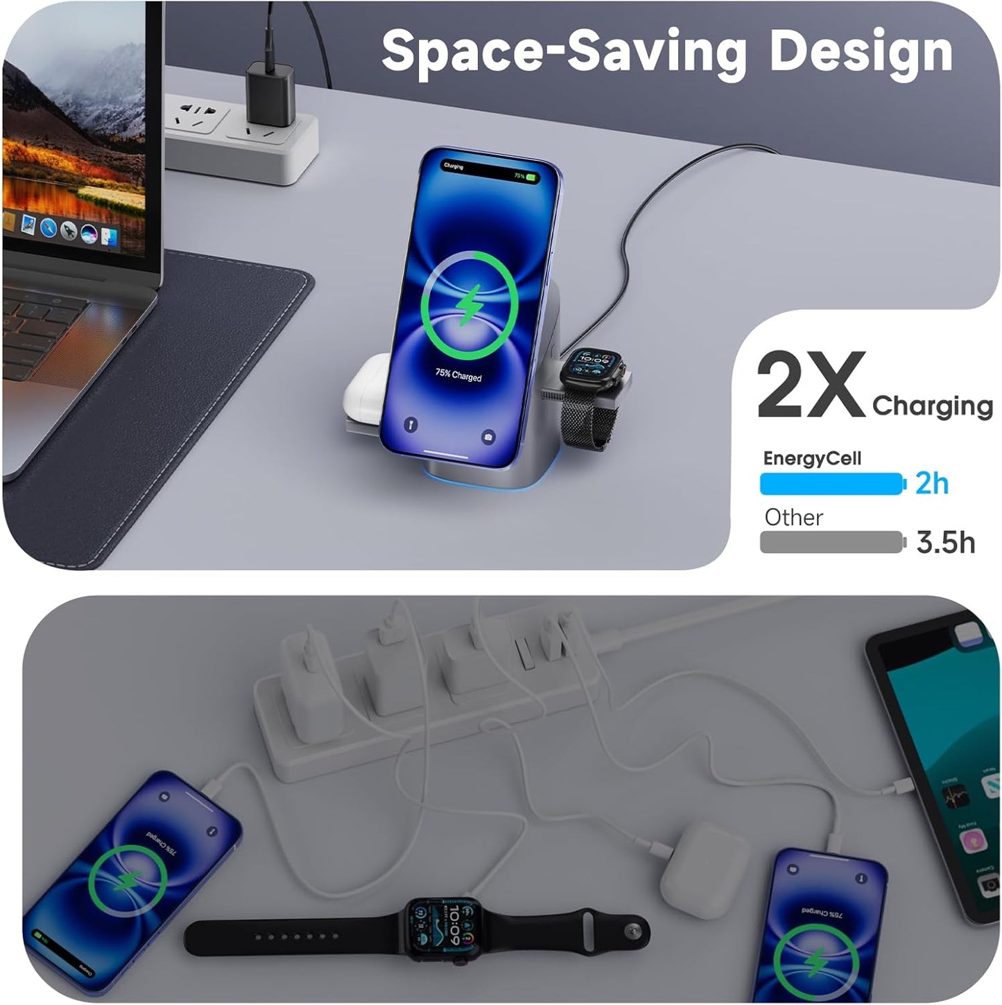 3 in 1 Wireless Charger Stand | Magnetic Fast Charging Station for iPhone, Apple Watch & AirPods | Qi2 15W MagSafe Charger – EQUINOX INDIA