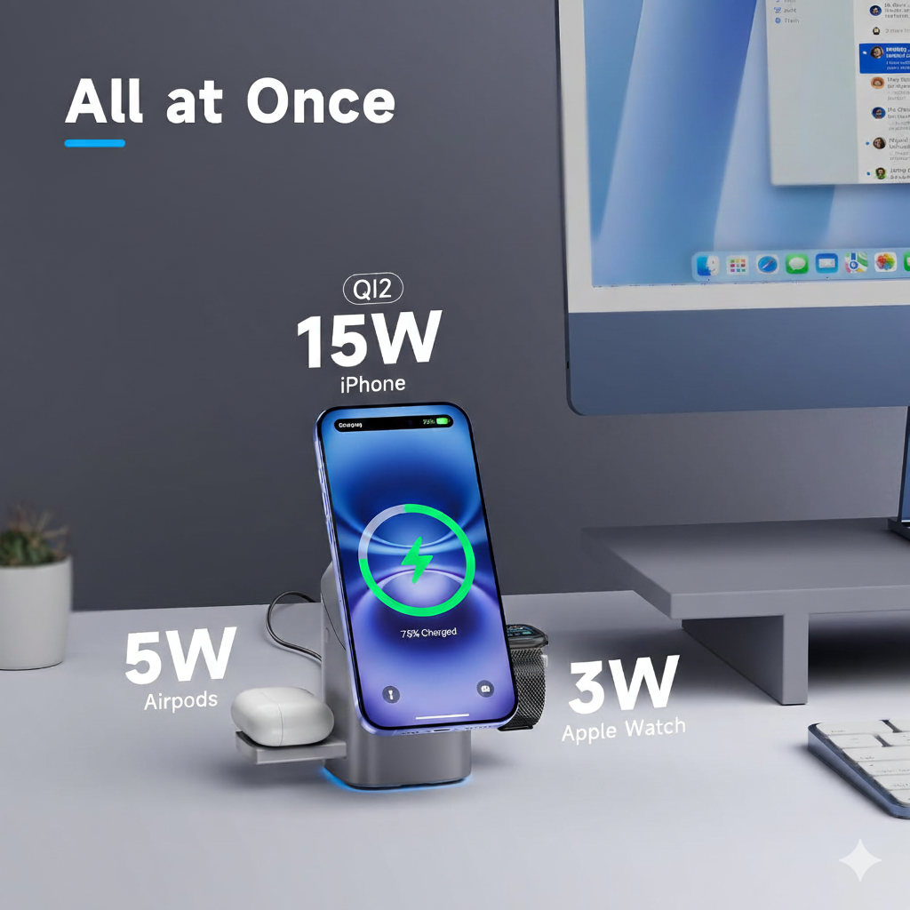 3 in 1 Wireless Charger Stand | Magnetic Fast Charging Station for iPhone, Apple Watch & AirPods | Qi2 15W MagSafe Charger – EQUINOX INDIA