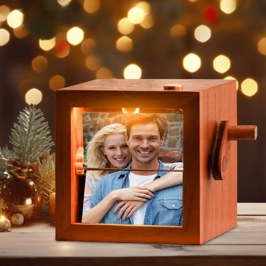 EQUINOX INDIA Custom Photo Flip Book Frame with LED Light – Hand Crank Rotating Wooden