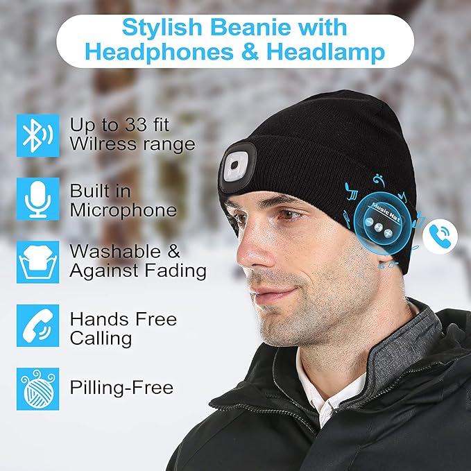 EQUINOX India Bluetooth Music Cap™ — Wireless Bluetooth Beanie with HD Speakers & Rechargeable LED Headlamp