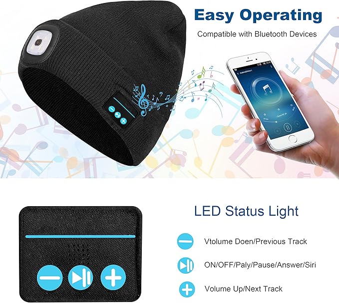 EQUINOX India Bluetooth Music Cap™ — Wireless Bluetooth Beanie with HD Speakers & Rechargeable LED Headlamp