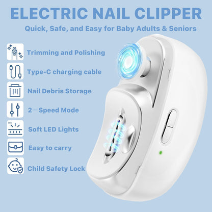 2-in-1 Electric Nail Clipper & Trimmer with LED Light | Safe, Quiet & Automatic Nail Cutter for Babies, Adults & Seniors