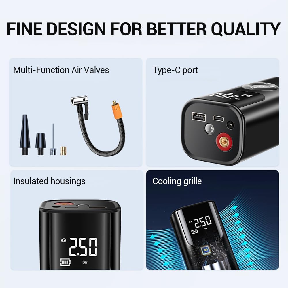 💨 EQUINOX AirBlaze™ Smart Portable Tyre Inflator | Dual Power 6000mAh Rechargeable Air Pump | 150 PSI Fast Inflation for Car, Bike & Sports