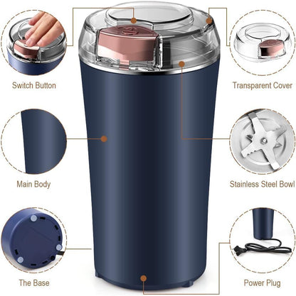 Electric Coffee & Spice Grinder – Stainless Steel Portable Mixer for Masala, Herbs, Dry Spices & Nuts – Push Button Control, Compact & Durable for Home Kitchen