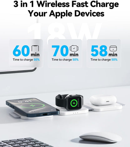 3-in-1 Magnetic Wireless Charging Station (15W MagSafe Fast Charge | Foldable Travel Charger for iPhone, Apple Watch & AirPods)