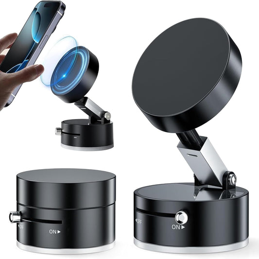 Magnetic Vacuum Suction Mobile Holder, Multiple Angle Adjustment, Retractable, Strong Magnetic Attachment, Compatible with iPhone & Android Phone for Car, Desk, Mirror, Glass(Black)