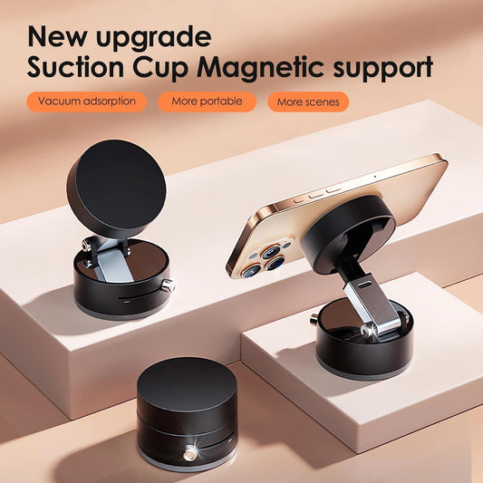 Magnetic Vacuum Suction Mobile Holder, Multiple Angle Adjustment, Retractable, Strong Magnetic Attachment, Compatible with iPhone & Android Phone for Car, Desk, Mirror, Glass(Black)