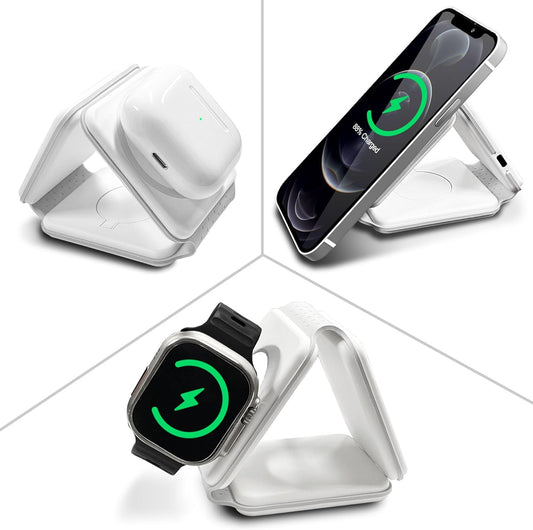 3-in-1 Magnetic Wireless Charging Station (15W MagSafe Fast Charge | Foldable Travel Charger for iPhone, Apple Watch & AirPods)