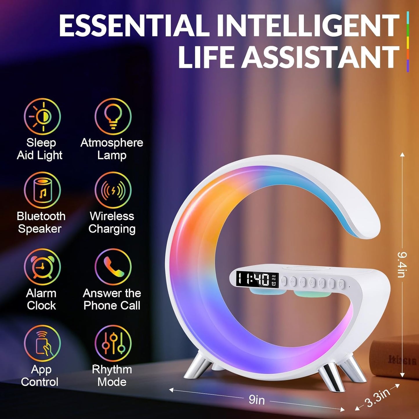🌀 Equinox India 7-in-1 Smart Wireless Charging Lamp — 15W Fast Charger | Bluetooth Speaker | RGB Night Light | Alarm Clock Combo